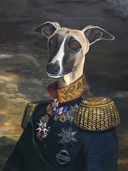 Painting of a dog (whippet) wearing a General's uniform.
