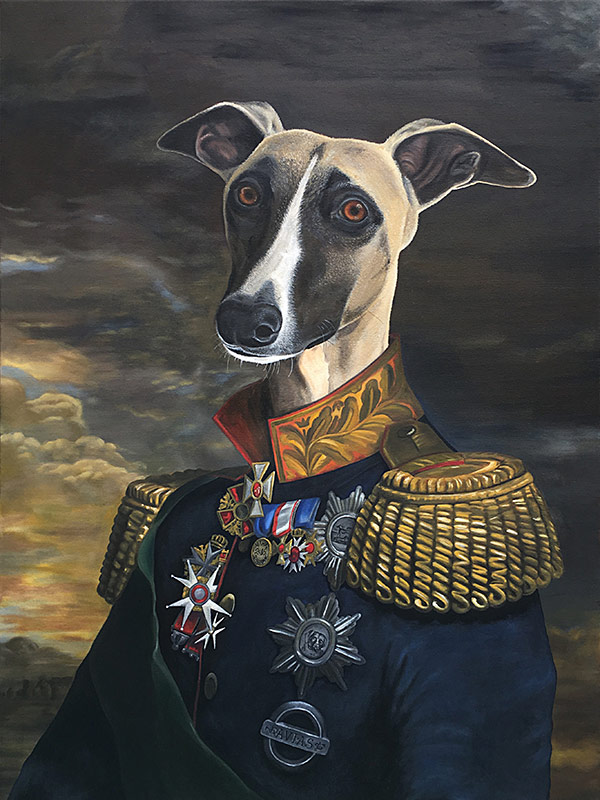 Painting of a dog (whippet) wearing a General's uniform.